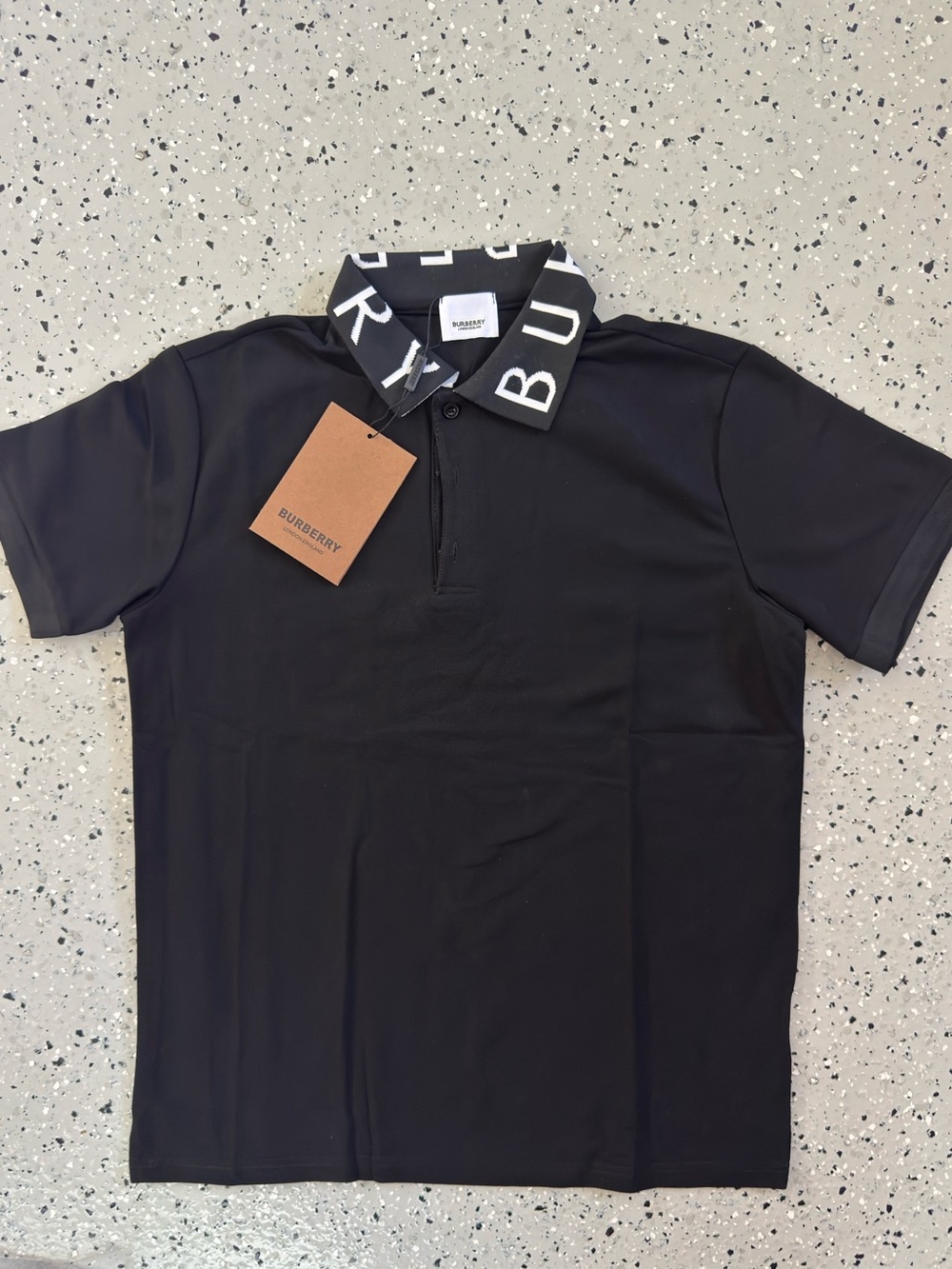 Burberry Black Short Sleeve Polo with Black and White Logo Collar